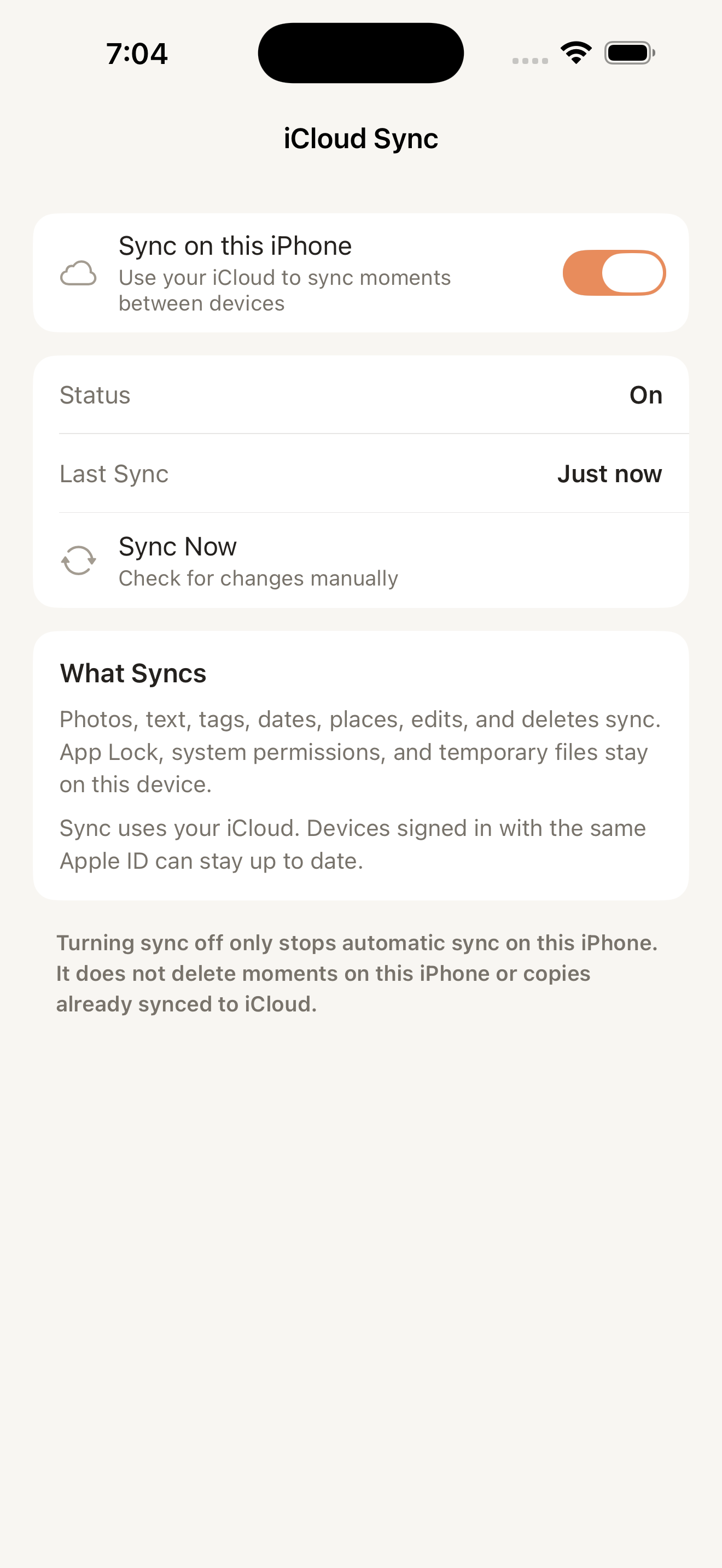 Lumiary iCloud sync settings screen